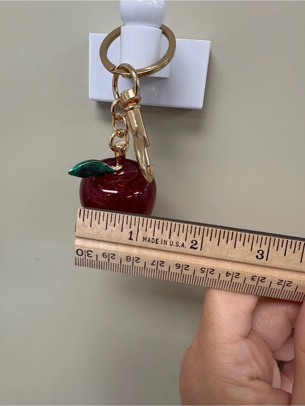 Sparkling Red Glitter Apple Green Leaf Bag Charm & Gold Keychain NWOT